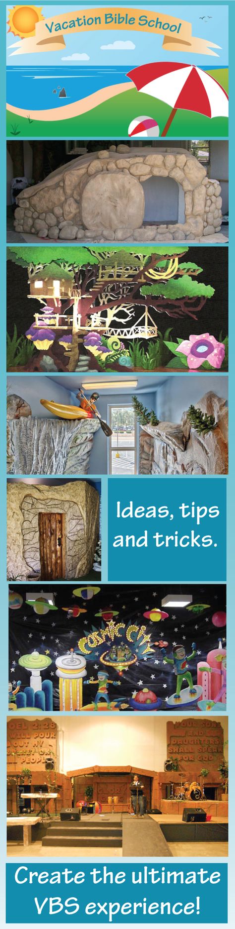 VBS set design ideas, tips and tricks. Learn how to make props and scenery! #vbs #vacationbiblescool #setdesign #props #vbs2016 #vbs2017 #summerschool #vbsideas Set Design Ideas, Foam Sculpture, Foam Props, Vbs Ideas, Spray Foam, Vacation Bible School, Theatre Set, Bible School, Summer School