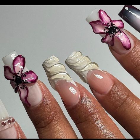 Nails Aesthetic Photo, Nails With 3d Designs, Pretty Birthday Nails, 3 D Nails, 3d Nail Designs Acrylics, White And Pink Nails, 3d Gel Nail Art, 3d Gel Nails, Nail Poses