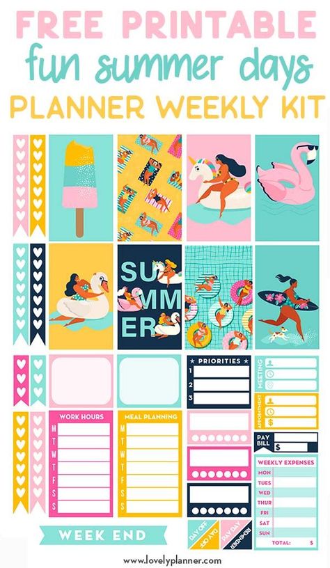 Free Printable Fun Summer Planner Stickers: weekly kit with decorative and functional planner stickers to easily decorate your planner. #freeprintable #plannerstickers #planner #happyplanner #lovelyplanner Functional Planner Stickers, Planning Routine, Aesthetic Planner, Summer Planner, Top Aesthetic, Functional Planner, Free Printable Planner Stickers, Types Of Planners, Free Planner Stickers