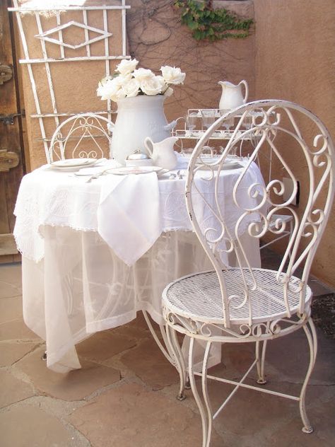 Gorgeous outdoor white metal bistro set. I have four of these at Jo Wray's, Hwy 82 E, Kilmichael, MS White Patio Furniture, Cottage Patio, Suite Room, Wrought Iron Furniture, Metal Patio Furniture, Cabin Cottage, Outdoor Patio Set, Dream Yard, Outdoor Bistro Set