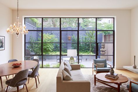 Dwell - Brooklyn Heights Carriage House Full Glass Wall, Art Deco Windows, Crittal Doors, Glass Extension, Open Living Area, Edwardian House, Brooklyn Heights, Kitchen Extension, House Doors