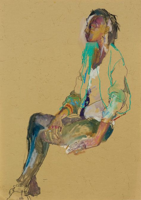 For Sale on 1stDibs - Anji (Sitting, Profile - Green Jacket), Mixed media on ochre paper, Other Medium, Paint, Paper, Parchment Paper, Charcoal, Crayon, Oil Crayon, Oil Pastel, Wax Crayon, Ink, Mixed Media, Oil Paint, Acrylic Paint, Watercolor, Gouache, Archival Paper, Handmade Paper, Vellum, Pencil, Carbon Pencil, Color Pencil, Graphite by Howard Tangye. Offered by Howard Tangye Studio. Wax Crayon Art, Crayon Painting, Mixed Media Portrait, Crayon Drawings, Pastel Crayons, Layer Paint, Human Figure Drawing, Paint Watercolor, Oil Pastel Paintings