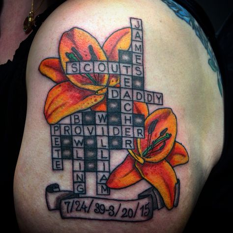 Crossword memorial tattoo with lilies. Crossword Tattoo Ideas, Crossword Puzzle Tattoo, Crossword Tattoo, Puzzle Tattoos, King Tattoos, Hidden Words, Memorial Tattoo, About Tattoo, Tattoo Videos