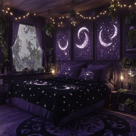 Purple And Black Bedroom Ideas, Moody Purple Bedroom, Purple Gothic Bedroom, Purple And Black Bedroom, Black And Purple Bedroom, Purple Bedroom Aesthetic, Dark Purple Room, Bedroom Alternative, White And Purple Bedroom