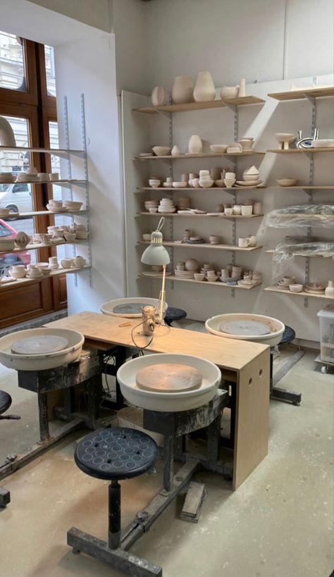 Modern Pottery Studio, Pottery Workshop Studios, Pottery Drying Shelves, Poterry Studio, Pottery Shop Interior, Pottery Studio Shed, Garage Pottery Studio, Pottery Studio Interior Design, Pottery Room Ideas