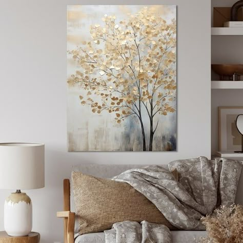 Wall Art For Beige Living Room, Gold Tree Painting, Basswood Tree, Acrylic Trees, Minimal Art Painting, Painting Leaves, Blue Trees, Gold Art Painting, Nature Art Drawings