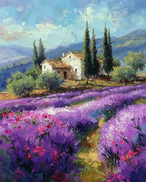 Lavender Home Decor, Arte Ganesha, Piskel Art, Oil Painting Canvas, Lavender Field, Wall Decor For Bedroom, Soyut Sanat Tabloları, Cottage Art, Landscape Art Painting