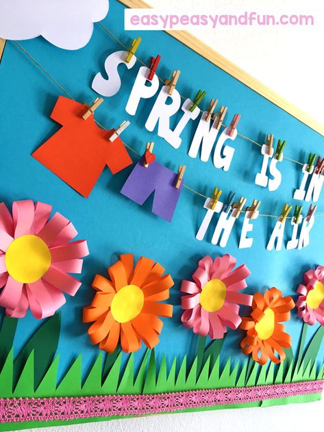 Spring Bulletin Board Ideas for Your Classroom - Easy Peasy and Fun Spring Wall Display Classroom, Spring Classroom Board Ideas, Spring Board Ideas For Work, Spring Ideas Decoration School, Spring Decorations For Classroom Wall Decor Paper Flowers, Spring Decoration For Kindergarten, Spring Decor School, Spring Decorations For School, Spring Board Decoration Ideas