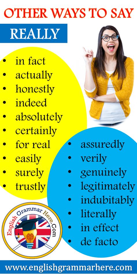 Other Ways To Say Really, Phrases with Really in fact actually honestly indeed absolutely certainly for real easily surely trustly assuredly verily genuinely legitimately indubitably literally in effect de facto University Essay, Speaking Tips, Grammar Vocabulary, Other Ways To Say, Teaching English Grammar, Ielts Writing, English Learning Spoken, English Vocab, Interesting English Words