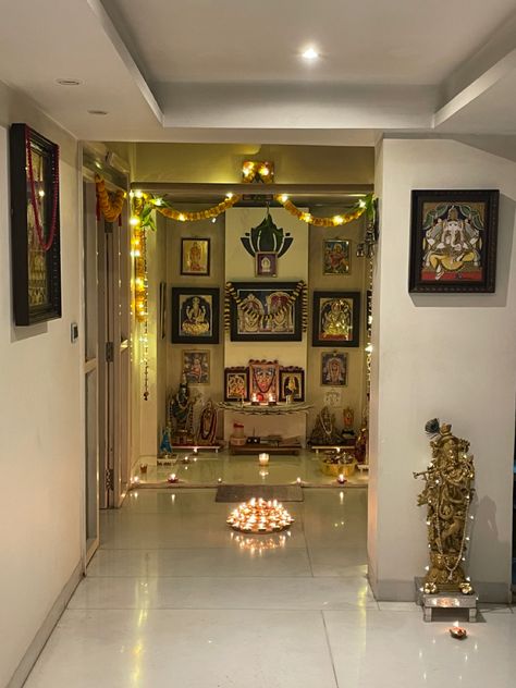 Aesthetic Puja Room, Mandir At Home, Krishna Accessories, Pooja Area, Mandir Ideas, Mandir Decor, Indian Room, Colorful Room Decor, Feather Photography