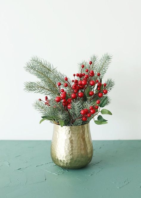 Fake Winter Evergreens Mini Frosted Pine Bush - 12" Red Berry Centerpiece, Gold Vase Christmas Decor, Christmas Plant Arrangements, Vase With Christmas Ornaments, Christmas Arrangements Floral, Christmas Berry Decor, Christmas Flower Centerpieces, Christmas Flowers Arrangements, Christmas Vase Arrangements