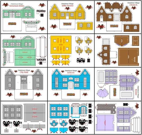 Christmas Village Paper Houses, Paper Christmas Village Template, Paper Christmas Houses Templates, Printable Christmas Village Houses, Christmas Village Templates Free, Paper Village Template Free Printable, Miniature Christmas Crafts, Paper Christmas Village Template Free Printable, Mini Village Christmas