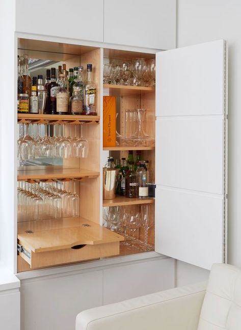 Drop Down Bar Counter, Storeroom Design, Small Bar Cabinets For Home, Built In Bar In Living Room, Dining Unit, Hidden Bar Cabinet, Living Room Bar Ideas, Bar Cabinetry, Built In Bar Cabinet