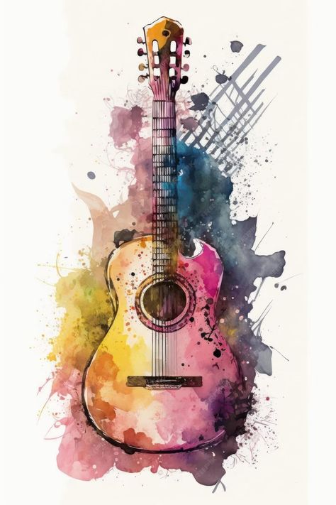 Guitar Watercolor Painting, Guitar Paintings, Watercolor Guitar, Guitar Watercolor, Watercolor Tubes, Dog Watercolor Painting, Painted Christmas Cards, Guitar Drawing, Guitar Painting