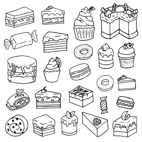 Cake Doodle Drawing, Pastry Sketch, Outline Cake, Cookie Sketch, Candy Sketch, Sweet Doodles, Cake Outline, Cookie Doodle, Cake Draw