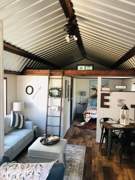 14x36 Tiny House Interior, Loft Bed Ideas Tiny House, Shiplap Tiny House, 12x20 Shed House Interior, Bunkie Layout Ideas, She’d House Interior, One Room Shed House, Shed To Home Interior, Storage Shed Tiny House Floor Plans