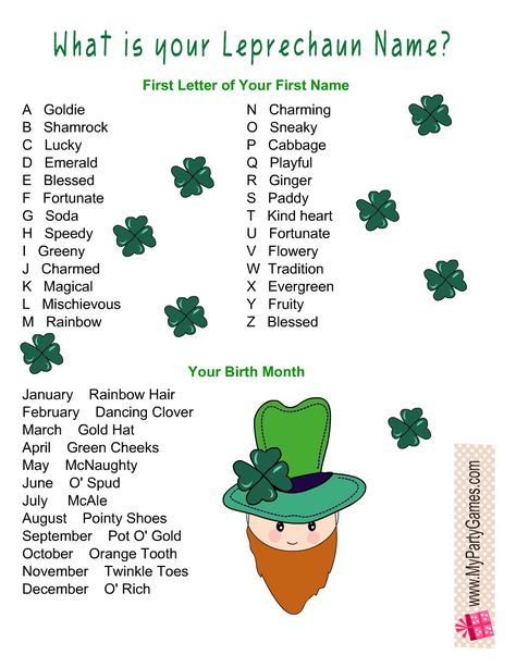 Free Printable What is Your Leprechaun Name? Game Leprechaun Names, Funny Name Generator, First And Last Names, Silly Names, Name Game, Free Printable Games, Irish Funny, Name Games, Funny Names