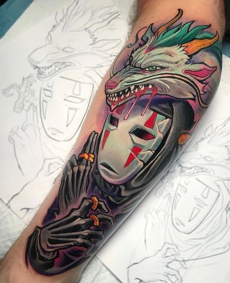 Neotraditional Anime Tattoo, Haku Art, Ghibli Tattoos, Studio Ghibli Tattoo, Colored Tattoo Design, Ghibli Tattoo, Funky Tattoos, Egypt Tattoo, Anime Tattoo