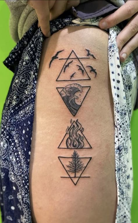 Tattoo Of The Elements, Fire And Water Tattoo Ideas, Geometric Fire Tattoo, Tattoos That Can Be Added To, 5 Elements Tattoo Design, Air And Earth Tattoo, Adventurer Tattoos, Elements Of Nature Tattoo, Earth Wind Fire Water Tattoo