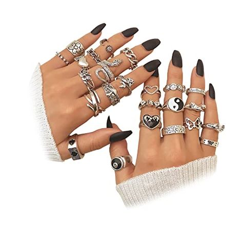 IFKM 15-63 PCS Vintage Silver Knuckle Rings Set for Women Teen Girl, Stackable Joint Finger Statement Rings Bohemian Retro Hollow Carved Midi Rings, Boho Y2k Snake Butterfly Heart Chunky Stacking Rings Pack Rings Vintage Boho, Rings Pack, Rings Set For Women, Full Finger Rings, Rings Boho, Boho Y2k, Butterfly Heart, Vintage Goth, Punk Vintage