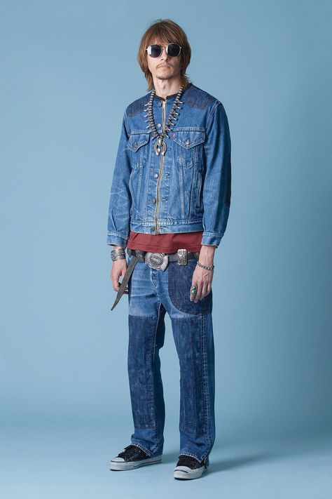 Rebuild by Needles for SS'15, not quite what I was expecting but I always appreciate an effort by this Japanese brand. The Levi's patchwork jacket and jeans are number one! Kind of similar to the Soloist from a few seasons back. Great look! List Of Favorites, Rare Clothing, Denim Workwear, Ripped Jeans Men, Best Mens Fashion, Love Jeans, Summer Lookbook, Japanese Denim, Raw Denim