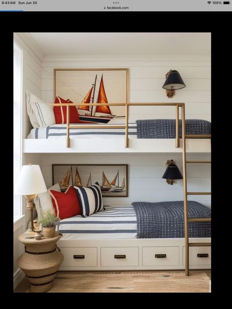 Beach House Bunk Beds, Lake House Bunk Rooms, Nautical Kids Bedroom, Sleepover Room, Surf House Decor, Nantucket Home, House Bunk Bed, Americana Home, Lake House Interior