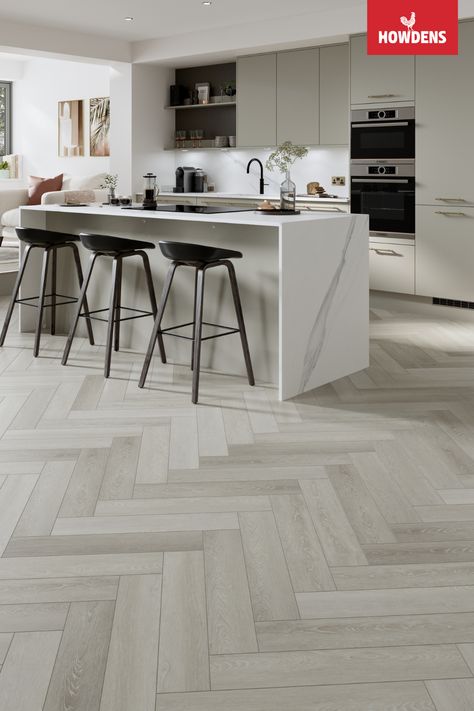 Kitchen Design Herringbone Floor, Neutral Herringbone Floor, Gray Chevron Tile Floor, Vinyl Flooring Herringbone Pattern, Grey Wood Kitchen Floor, White Herringbone Vinyl Floor, Grey Flooring Herringbone, Herringbone Vs Straight Floor, Grey Oak Herringbone Floor