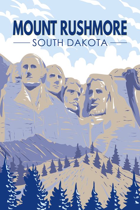 Retro-style poster of Mount Rushmore National Monument, showcasing monumental sculptures and American pride. South Dakota Travel, Mt Rushmore, National Monuments, Camping Trip, Vintage Poster, Retro Art, South Dakota, Awe Inspiring, Art Vintage