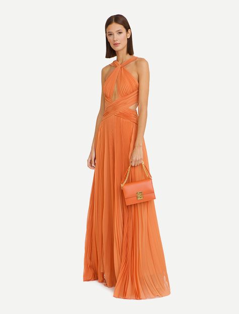 Chiffon Long Dress - Dresses - Zuhair Murad Colorful Wedding Guest Outfits, Orange Evening Gown, Orange Evening Dresses, Orange Gown, Sunset Dress, Pleated Chiffon Dress, Maxi Party Dress, Cross Front Dress, Halloween Skirt