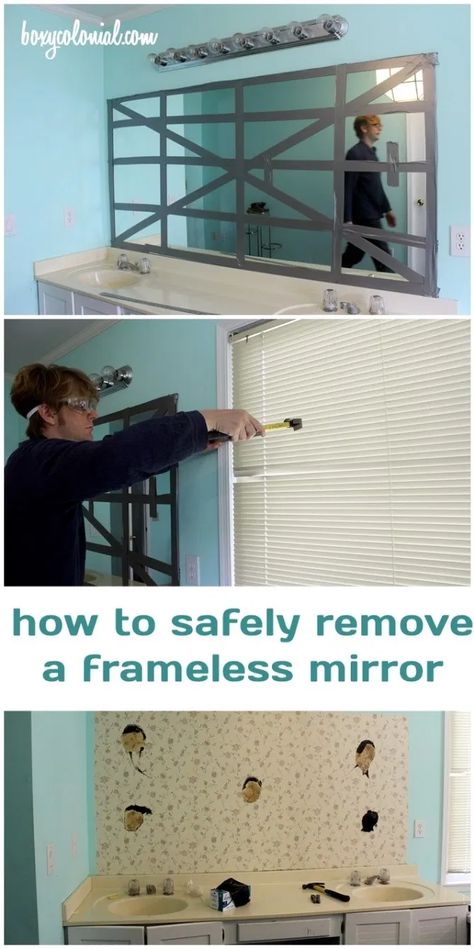 How to Remove a Frameless Mirror Like a Nervous Grandma - Farmhouse Bathroom Organizers, Cleaning Painted Walls, Builder Grade, Frameless Mirror, Bathroom Redo, Diy Home Improvement, Bathroom Organization, Home Repair, Bathroom Makeover