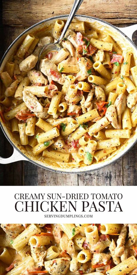 Creamy Sun-Dried Tomato Chicken Pasta Sundried Tomato Chicken Pasta, Tomato Chicken Pasta, Chicken Mushroom Pasta, Grilled Chicken Pasta, Sundried Tomato Chicken, Sundried Tomato Pasta, Crockpot Pasta, Tomato Chicken, Sundried Tomato