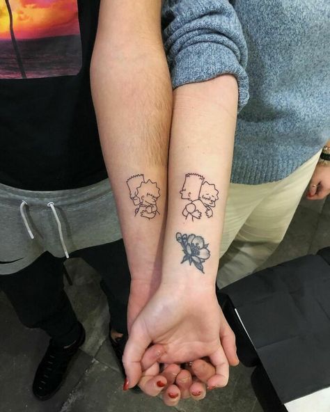 Simpson Matching Tattoo, Simpsons Brother And Sister Tattoo, Sibling Tattoos Simpsons, Bart And Lisa Siblings Tattoo, Brother Sister Finger Tattoo, Twin Sibling Tattoos Brother And Sister, Tattoo About Sister, Bart And Lisa Matching Tattoos, 3 Way Tattoo