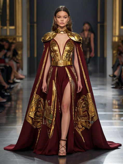 Gold Dress Fantasy Gowns, Fantasy Dress With Armor, Dresses With Armor, Eternals Costume Design, Asgardian Dress Goddesses Gowns, Asgardian Outfit, Dress With Armor, Armor Gown, Female Armor Dress