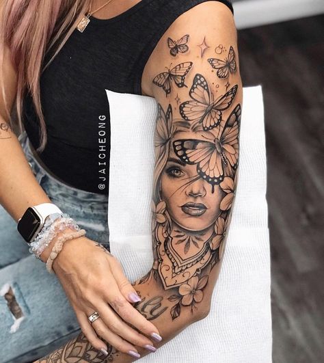 Delicate female tattoos by Jai Cheong | iNKPPL Delicate Tattoos For Women, Arm Sleeve Tattoos For Women, Feminine Tattoo Sleeves, Girl Arm Tattoos, Girls With Sleeve Tattoos, Butterfly Tattoos For Women, Hip Tattoos Women, Tattoos Women, Leg Tattoos Women