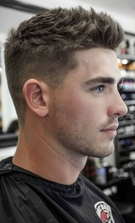 Men’s Ivy League Haircut, Man Hair Cuts Short, Men’s Short Textured Hairstyle, Coarse Hairstyles Men, Mens Short Hairstyles Fade, Men’s Hair Cuts Fade, Men's Haircuts Short, Haircut Men Straight Hair, Fade With Long Hair On Top