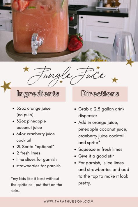 Alcoholic Jungle Juice, Best Jungle Juice Recipe, Drink Dispenser Recipes, Tara Thueson, Jungle Juice Recipe, Drink Dispenser Stand, Alcoholic Punch Recipes, Juice Dispenser, Alcoholic Punch