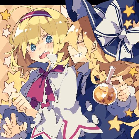 Marisa X Alice, Alice Touhou, Touhou Marisa, Alice Margatroid, Panel Artwork, Shrine Maiden, Do Cute, Grey Gardens, Animation Art Character Design