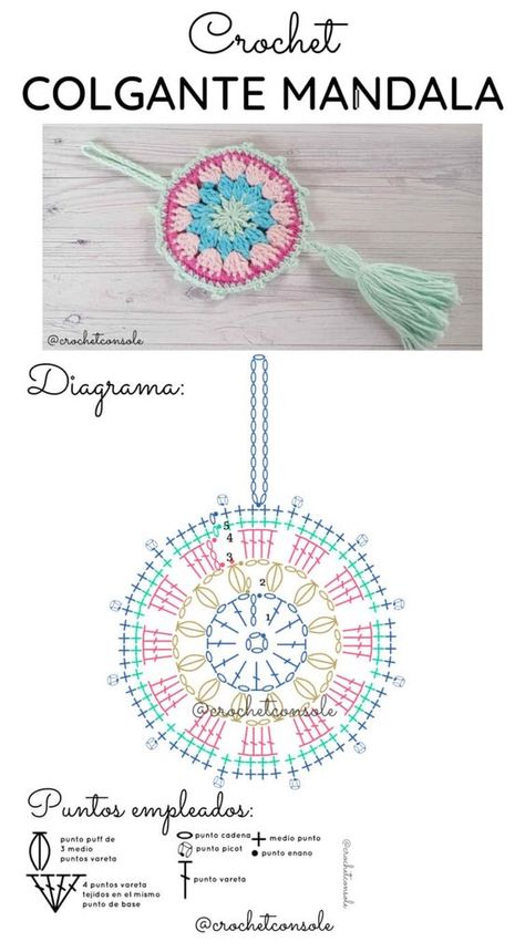 Colgante mandala a crochet - Crochet con Sole Motif Mandala Crochet, Crochet Beanie Pattern Free, Crochet Dreamcatcher, Crochet Doll Tutorial, Crochet Keychain Pattern, Mode Crochet, Crochet Mandala Pattern, Crochet Beanie Pattern, Crochet Decoration