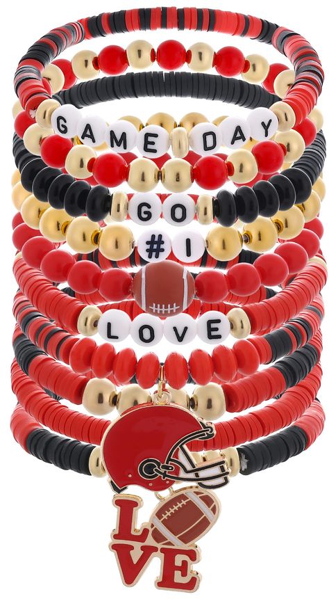 PRICES MAY VARY. 【Game Day Bracelet】You will receive 10 Game Day themed bracelets，Our game day sports stackable bracelet will cheer on your fave team and pair oerfectly with all your best game day apparel.Stack on your team or school colors on game day with these football game beaded bracelets! 【Football Bracelets】Show your team spirit in Wear this match day bracelet! Whether you're supporting your favorite national football team, cheering on your college football team, or showcasing your spirit Team Spirit Bracelets, Themed Bracelets, Outfits Jewelry, Homecoming Games, Football Bracelet, Women Football, Mom Accessories, College Football Teams, Youth Football