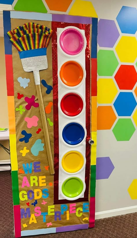 Shapes And Colors Classroom Door, Gods Masterpiece Classroom Decor, We Are Gods Masterpiece Craft, Art Class Door Decorations, We Are Gods Masterpiece Bulletin Board, Catholic Schools Week Door Decoration, We Are God's Masterpiece, Art Room Door Ideas, Art Class Door Ideas