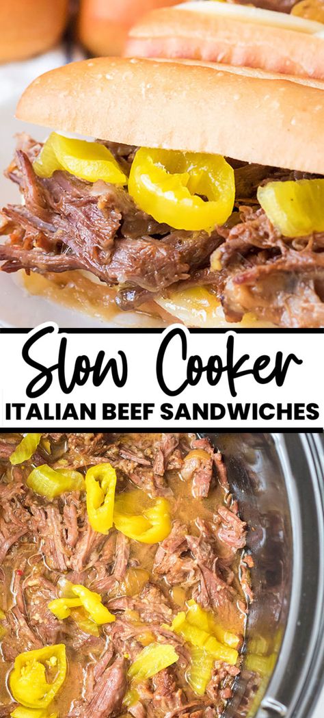 Take five minutes to throw four ingredients into the crockpot to make this Slow Cooker Italian Beef. After a few hours you'll have zesty and filling shredded beef that you can pile onto a crusty bun and top with cheese and peppers for a delicious sandwich. | www.persnicketyplates.com Italian Beef Sandwiches Crockpot, Slow Cooker Italian Beef Sandwiches, Italian Beef Crockpot, Italian Beef Sandwich, Rump Roast, Slow Cooker Italian, Slow Cooker Italian Beef, Frugal Cooking, Italian Beef Sandwiches