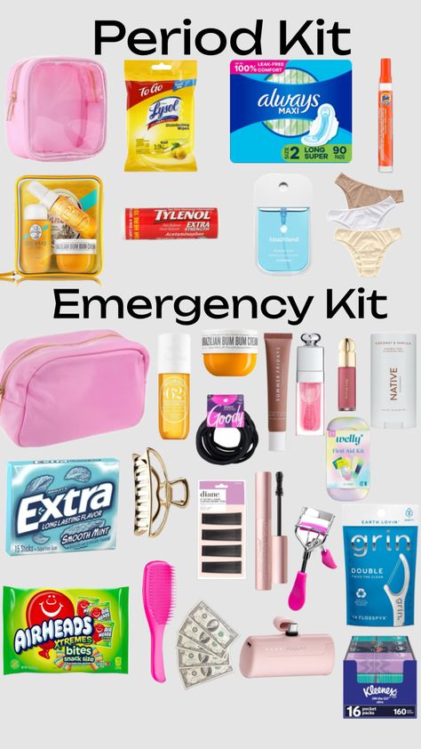 #school #emergencykit Uni Supplies, Middle School Essentials, School Emergency Kit, Preppy School Supplies, Girl Kit, Everyday Bag Essentials, Pretty School Supplies, Period Kit, School Must Haves