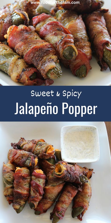 A fun appetizer with a little kick- jalapeño poppers! These are an easy finger food that will be great for a crowd or just a small gathering.  Stuffed with the best fillings and wrapped in bacon it is sure to be a winner. Jalopinos Poppers Oven, Jalapeno Bacon Wrapped, Easy Finger Food, Buffalo Chicken Sliders, Bacon Wrapped Jalapeno Poppers, Jalapeno Popper Recipes, Bacon Wrapped Jalapenos, Jalapeño Poppers, Poppers Recipe