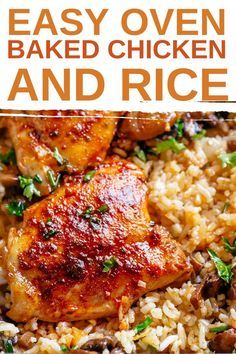 Chicken Thigh And Rice Recipe, Oven Baked Chicken And Rice, Chicken Thighs In Oven, Baked Chicken And Rice, Baked Boneless Chicken Thighs, Butter Mushrooms, Easy Oven Baked Chicken, Garlic Butter Mushrooms, Baked Chicken Recipes Easy