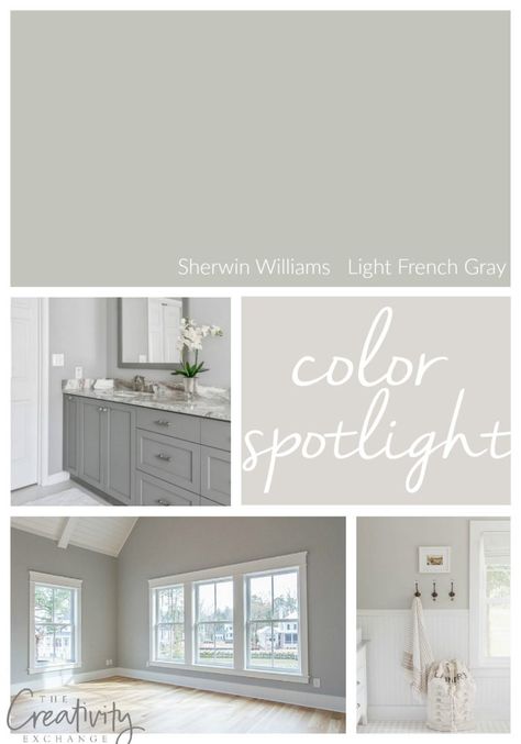 Sherwin Williams Light French Gray, Farmhouse Living Room Colors, Light French Gray, Color Spotlight, Interior Paint Colors Schemes, French Gray, Gray Paint, Neutral Paint, Room Paint Colors