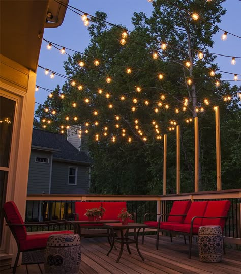 Hang Patio Lights across a backyard deck, outdoor living area or patio. Guide for how to hang patio lights and outdoor lighting design ideas. Hanging Patio Lights, Design Per Patio, Outdoor Lighting Design, Diy Outdoor Lighting, Patio Lights, Pool Noodle, Backyard Lighting, Backyard Deck, Deck Lighting