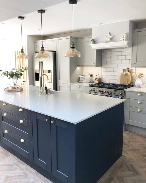 Kitchens: How to prioritise quality and where to save pennies | Fifi McGee Light Grey Kitchen Cabinets, Blue Kitchen Designs, Major Kitchen Appliances, Light Grey Kitchens, Two Tone Kitchen Cabinets, Light Gray Cabinets, Navy Kitchen, Two Tone Kitchen, Farmhouse Kitchen Cabinets