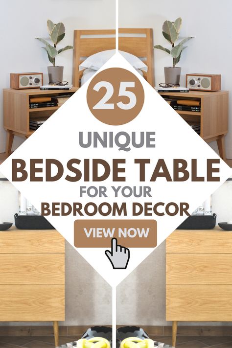 25 Unique Bedside Table Design Ideas for your home. Explore them all #bedside #table #design #inspiration Round Bedside Table Ideas, Creative Bedside Table Ideas, Decorate Bedside Table, Round Night Stand Bedside Tables, Bedside Table Ideas Aesthetic, Bedroom Side Tables Night Stands, Unique Bedside Table Ideas, Bedside Table Design Ideas, Small Bedside Table Ideas