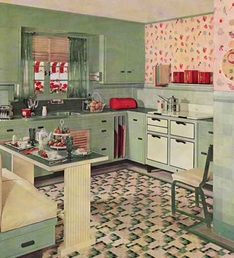 Wallpaper Kitchen Ideas, 50s Style Kitchens, 1930 Kitchen, Cheap Backsplash, 1930s Kitchen, Unique Appliances, 1940s Kitchen, Retro Kitchens, Old Fashioned Kitchen