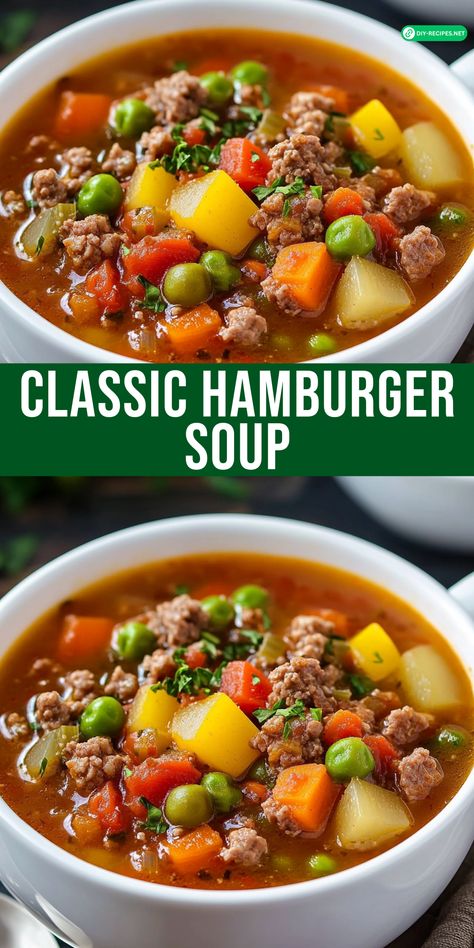 Savor the flavors of Classic Hamburger Soup! A rich and hearty soup filled with beef, vegetables, and potatoes in a savory broth. Hamburger Soup With Fresh Vegetables, Hamburg Soup Recipes Ground Beef, Potato Hamburger Soup Recipe, Hamburger Soup With V8 Juice, Vegetable Beef Soup Recipes With Hamburger, Healthy Beef Soup Recipes, Hamburg Potato Soup, Lazy Soup Recipes, Hamburger Beef Soup